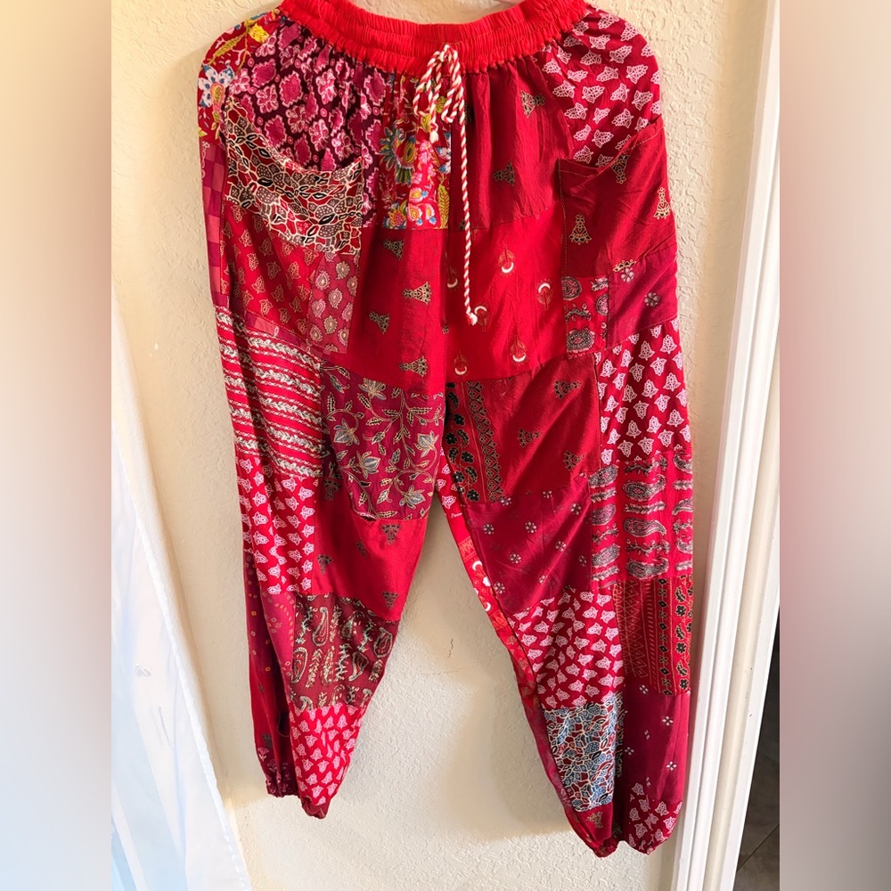 Red Patchwork Boho Harem Pants - image 1